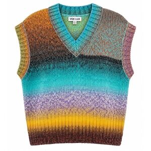 VOX LUX Multi Rainbow Space Dye Sweater Vest Teal Ombre V-Neck Knit Wool Blend M